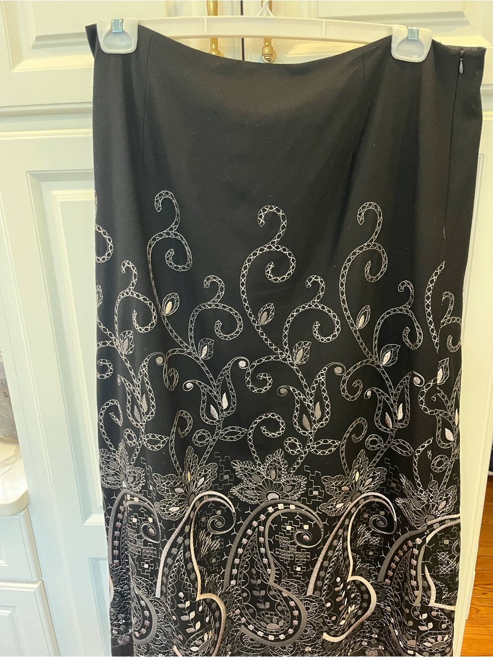 Talbots Black Maxi Skirt with White Scroll & Floral Embroidery